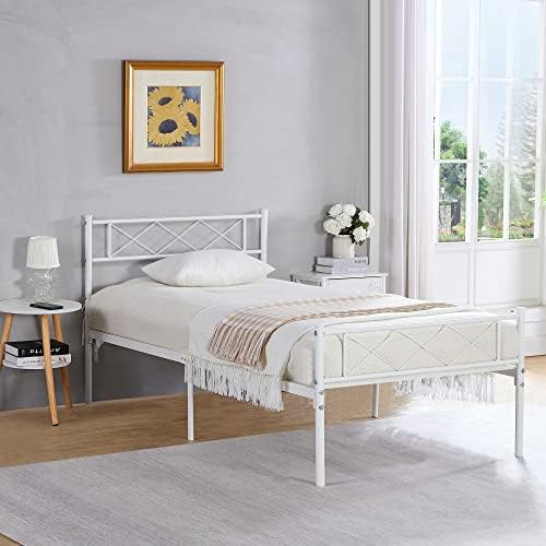 VECELO Metal Twin Size Bed Frame Mattress Foundation with Headboard & Footboard/Firm Support & Easy Set up, White
