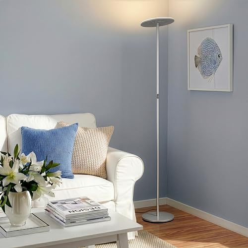 Image of Brightech Sky LED Floor lamp, Torchiere Super Bright Floor Lamp for Living Room Decor & Office - Dimmable, Tall Standing Torch Lamp with Warm Light for Bedroom & Reading - Platinum Silver