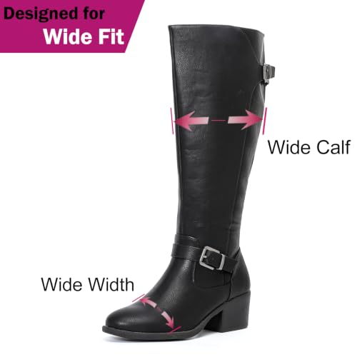 Image of Luoika Women's Extra Wide Calf Heeled Knee High Boots. | Wide Width, Winter Boots, Block Heel, Adjustable Buckle, Round toe