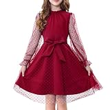 [Rolanko] キッズ ワンピース 女の子 チュール袖 フリル 子供 ドレス ドット柄 発表会 結婚式 冠婚葬祭 普段着 パーティー レッド 140
