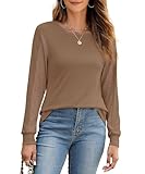 Anyproud Womens Long Sleeve Shirts Casual Fall Fashion Tunic Crewneck Patchwork Sleeve T Shirts for Women Loose Blouses(Brown, Medium)