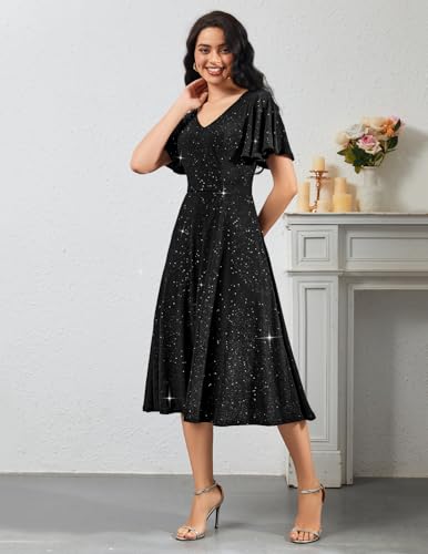 Image of Bridesmay Women's Formal Wedding Guest Dress for Women 2026 Short Sleeve Fit and Flare Tea Party Dresses