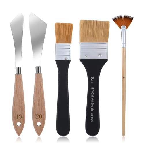 Dimeho Painting Knife 5 Pcs Background Blender Flat Brush and Fan Paint Brushes Stainless Steel Artist Palette Knife 2 Inch and 1 Inch Landscape Brush for Canvas Acrylic Oil Painting Supplies