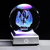 8CM 3D Gemini K9 Crystal Ball with Silver LED Base 3.15 in./8cm, Inner Etched Miniature Constellatio