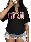 LovelyWholesale Womens Graphic Tees Oversized Short Sleeve Summer V Neck Basic Chicago T Shirts Black Medium