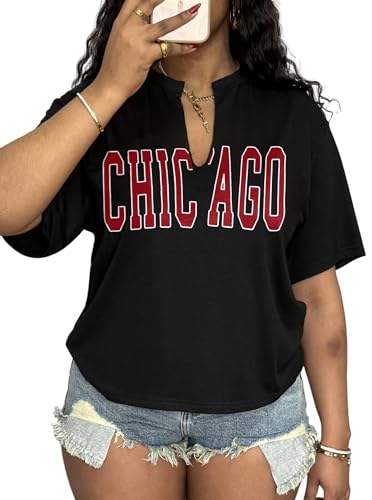 LovelyWholesale Womens Graphic Tees Oversized Short Sleeve Summer V Neck Basic Chicago T Shirts Black Medium
