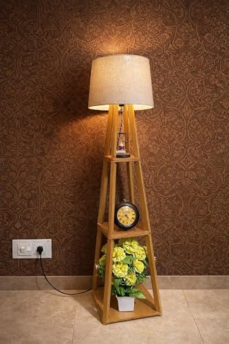Image of Floor Lamp with Wooden Shelf, Tripod Stand, Linen Shade, Living Room Standing Light