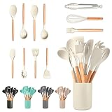 JUPPLIES Juego de Utensilios de Cocina de Silicona 12 Piezas con Mangos de Madera y Soporte Organizador – Set Antiadherente Resistente al Calor – Apto para Todas Las Ollas y Sartenes - Beige