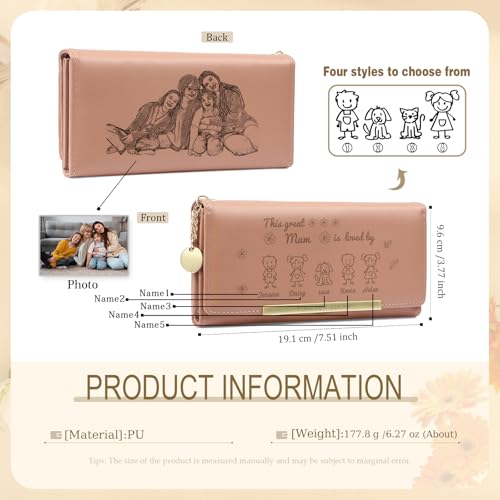 Mothers Day Gifts - Personalized Wallets for Women Custom Name & Photo, Large Capacity Leather Wallet for Mom Grandmother Wife Birthday Anniversary Christmas (5 Names)2
