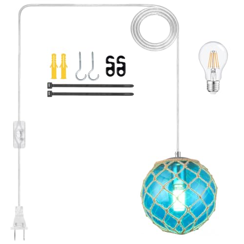 AyshwillDec 8" Blue Plug in Coastal Pendant Light Nautical Globe Pendant Lights Kitchen Island Beach Glass Pendant Lights Fixture for Dining Room Bedroom Living Room Hallway Foyer (Bulb Included)