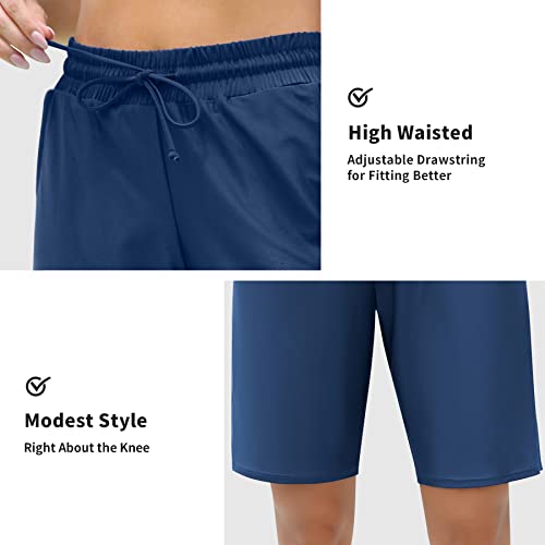 Alove Women's 9" Swim Shorts High Waisted Swim Board Shorts With Pockets Upf 50+ Swimsuit Bottoms Built-In Brief Dark Blue #TOP3
