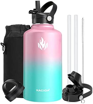 XACIOA Water Bottles Insulated 64oz/2L,Stainless Steel Drink Flask with Straw Lid Spout Lid, Half Gallon Large Sport Wide Mouth,Vacuum Double Wall Keep Cold for 48Hrs,BPA Free