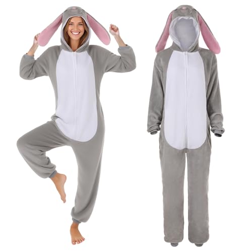 Hqroidd Bunny Onesie Adult Funny Animal Pajamas Flannel Hoodie One-Piece Costume Christmas Halloween Cosplay Sleepwear for Women Men (US Alpha Small Regular Grey Bunny)
