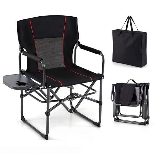 GYMAX Oversized Camping Directors Chair, Portable Folding Camping Chairs for Adults with Table, Heavy-Duty Lawn Chair for Fishing, Picnic, Sports, Beach, Outdoor, Supports 500LBS (Black)
