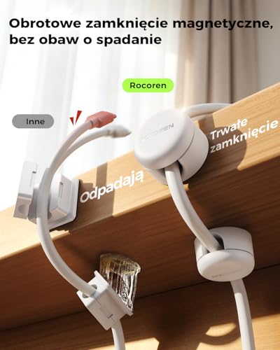 Uchwyty na kable Rocoren, samoprzylepne magnetyczne klipsy do zarządzania kablami, organizery [obracane o 360°] na biurko, stolik nocny, do biura, na kable ładujące, kable audio, 9 szt (Biały)