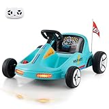 Costzon Kids Electric Go Kart, 12V 7AH Battery Powered Ride on Race Toy Car with Remote Control, LED Lights, Music, Story, Wireless Connection & Flags, Electric Kart for Aged 3+, Gift (Blue)