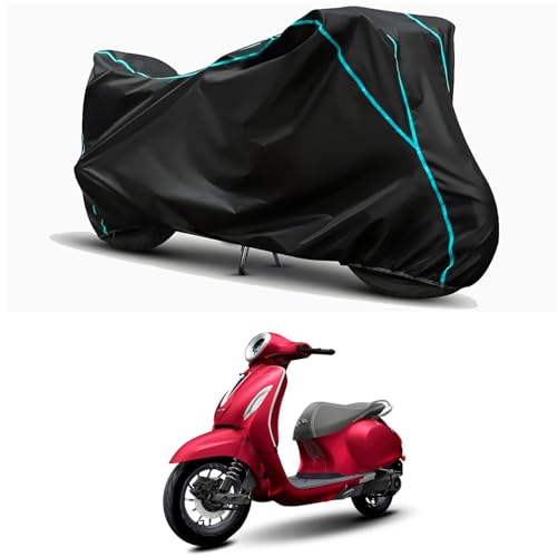 Image of Waterproof Bike Body Cover Compatible for | Bajaj Chetak Premium | Taffeta Fabric, Sky Piping Design, Bottom Elastic Fit | Dustproof, Sun UV & Rain Protection for All Weather.