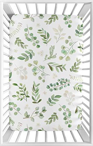 Image of Sweet Jojo Designs Floral Leaf Girl Fitted Mini Crib Sheet Baby Nursery for Portable Crib or Pack and Play - Green and White Boho Watercolor Botanical Woodland Tropical Garden