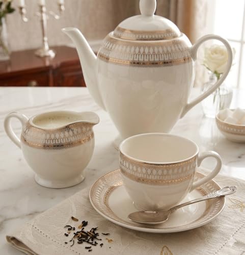 Image of DELIK 17 Piece Ceramic Tea Set | Luxury Teapot Set with Cups, Saucers, Sugar Pot & Milk Jug | Elegant High Tea Set for Home, Wedding & Gift