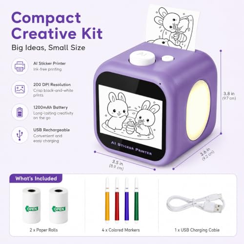YBLOC AI Voice Mini Sticker Printer for Kids, Portable Thermal Sticker Maker with Touchscreen, 3 Art Modes, Multilingual Recognition, Black-and-White Printing, 2 Paper Rolls & 4 Colored Pens, Purple — view 6