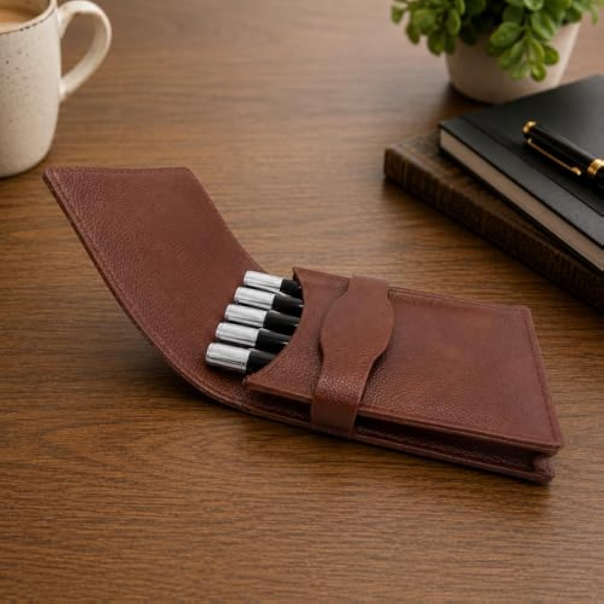 Faux Leather 5 Slots Pen Case, Pencil Pouch Holder