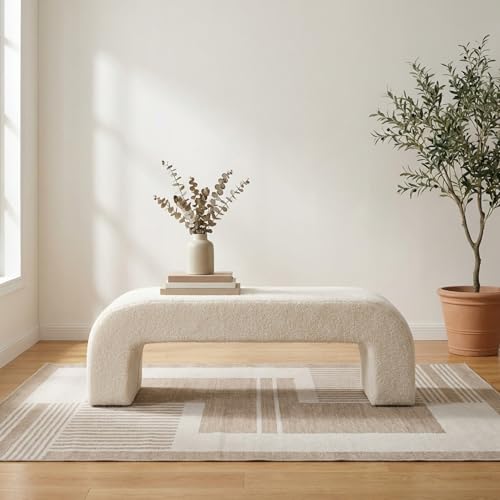モダン ロングスツール 120×40×40cm 巻き毛生地 玄関 リビング ベッドルーム対応 多機能オットマン 靴脱ぎ椅子 コーヒーテーブル 足置き インテリア ホワイト シンプルデザイン (150*40*43cm,A) [3]