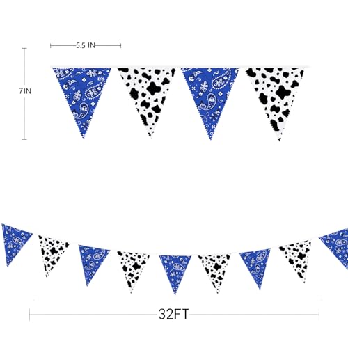 Image of 32Ft Western Cowboy Party Decorations Blue Paisley Bandana Pennant Banner Fabric Triangle Flag Wild West Garland Streamers for Western Cowboy Birthday Yee Haw Country Baby Shower Party Decor Supplies
