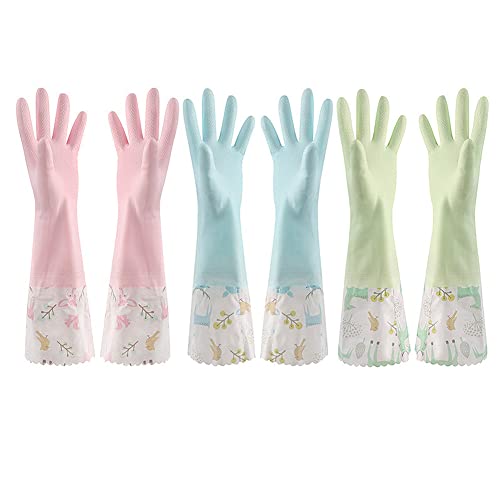 Refoiner ゴム手袋 キッチン ロング 3点セット おしゃれ かわいい 柄 食器洗い手袋 炊事用手袋 作業用 炊事・掃除用ゴム手袋 多用途 厚手 防水 防寒 長袖 洗車用手袋 洗濯用 防寒ゴム手袋 園芸用手袋 L 広口単層