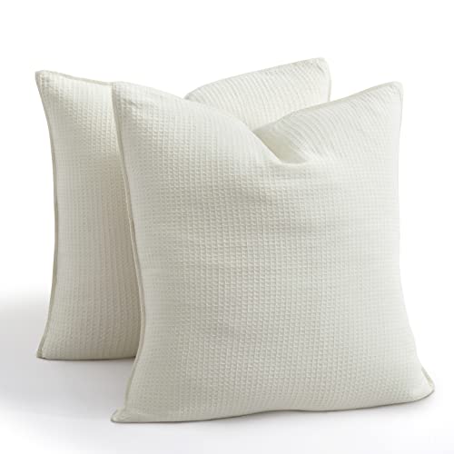 Atlinia Linen Cotton Pillow Cases Waffle - Euro Sham 26 X 26 Inch Bed Pillow Protector Cover Set Of 2 Farmhouse Cooling Neutral Pillowcase Cream #TOP18