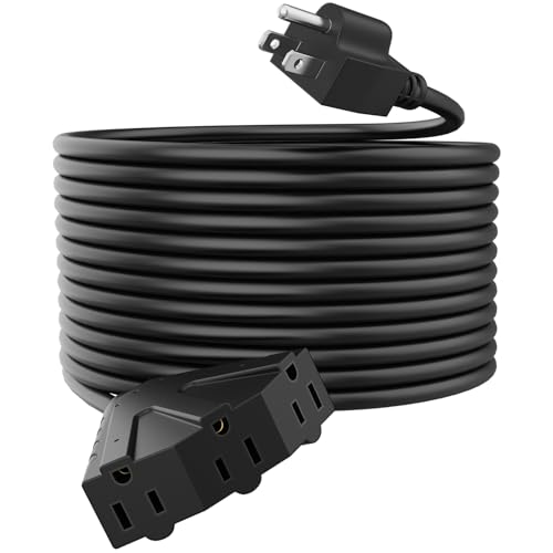 PLUGTUL 100FT Outdoor Extension Cord with Multiple Outlets | 14 Gauge, 3-Outlet, SJTW, 15A 14AWG 1875W SJTW, ETL Listed - Great for Garage, Garden and Home, Black