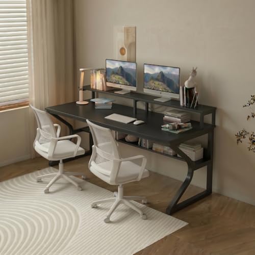 Image of TEKAVO Qri Computer Table for Home Pc | Office Table for Home | Lower Shelf & Moniter Riser, Laptop Table, Worktable, Study Table, Workstation | Black Wood, Metal, (120 Cm x 60 Cm) - DIY