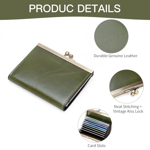 Image of GOIACII Credit Card Holder Vintage Wallet for Women Genuine Leather Ladies Card Cases with Kiss Lock Small Green