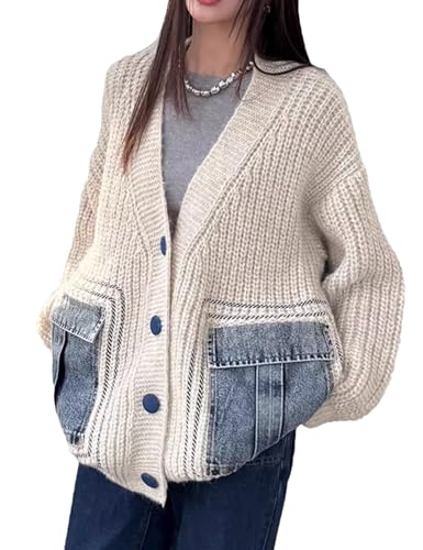 Shebote Womens Long Sleeve Patchwork Cardigan Sweater Denim Pockets V