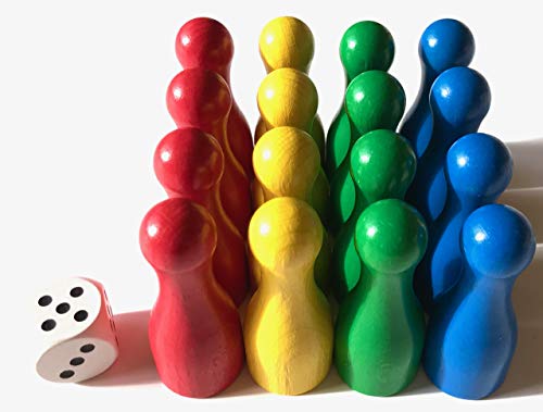 Spieltz große Spielfiguren aus Holz für Ludo (Riesen Flaschenkegel XL, 25/60 mm, 4 x 4 Spielfiguren + 1 Würfel)