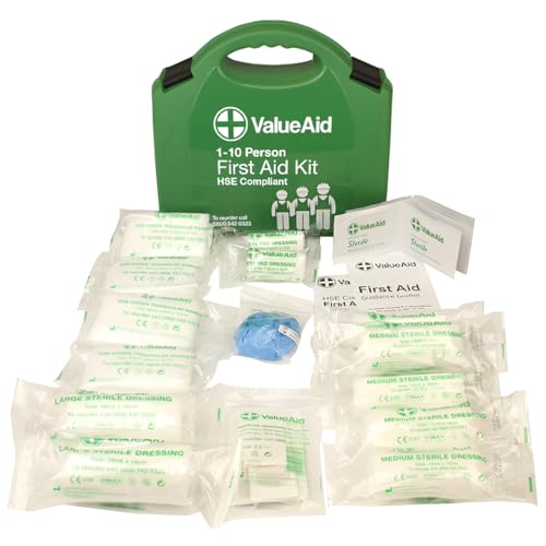 Value Aid HSE Compliant First Aid Kit for Workplace, Home & Car - CE Marked Contents, Double-Clasp Case with Handle - Complete Set for 1-10 People Includes Plasters, Bandages & Medical Supplies