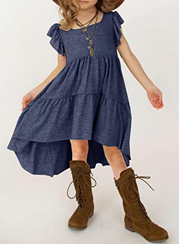 Hosika Toddler Girls Swing Dress Round Neck Solid Color Flutter Sleeve Cute Boho Sundress Ruffle Midi Dress For 8 Years Kids Navy Blue #TOP1