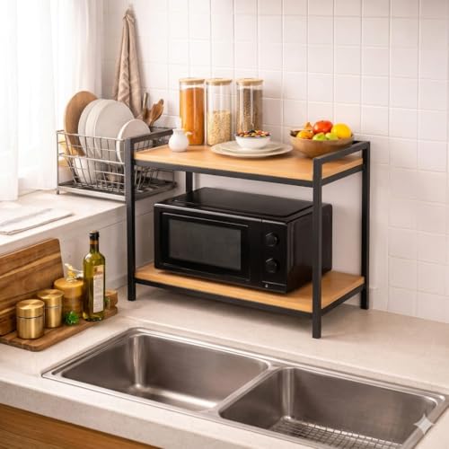 Image of Amazon Brand - Solimo Multi-Purpose Microwave Stand for Kitchen | OTG & Oven Rack | Engineered Wood & Metal Storage Organizer | Brown | 60.5 x 40.2 x 50.7 cm