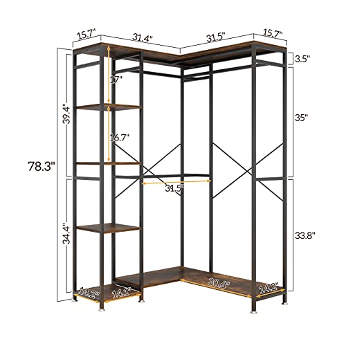 Karl Home L-Shaped Clothes Rack For Corner, Freestanding Garment Rack With Hanging Rods Wood Shelves, Heavy Duty Metal Frame Clothing Wardrobe Closet Organizer For Shoes Coat Storage, Vintage Walnut #TOP3