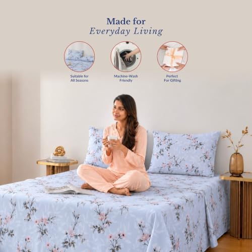 Image of Jaipur Weaves Bedsheet Queen Size 100% Pure Cotton Bed Sheet with 2 Pillow Covers, 240 TC Premium Bedding Set, 90x100 inch, Super Soft Cozy (Spring Tulips Blue)