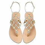 UTIKLIOU Women's Rhinestone Flat Sandals T-Strap Thong Sandals Summer Flat Sandals Flip Flop Sandals for Women, Gold, 9.5