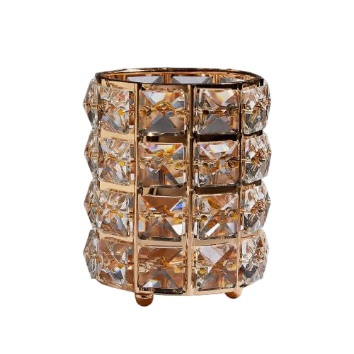 Wolpin 1 Pc Crystal Cosmetic Makeup Brush & Lipstick Holder (10 x 10 x 12 CM) | Embellished Pen & Brush Organizer Stand for Dressing Table (Gold)