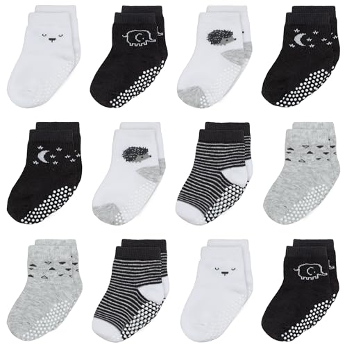 Image of Mother's Choice Organic Cotton Baby Socks 6-12 Months, 12 Pairs Unisex Anti Slip - Soft & Hypoallergenic Baby Girl & Boys Socks (US, Age, 6 Months, 12 Months, Black - White - Gray 12 Pair)