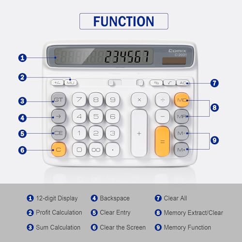 Comix Desk Calculator with 12 Digits Large LCD Display, Solar Battery Dual Power, Large Computer Keys Basic Calculator for Home Office School - Image 3
