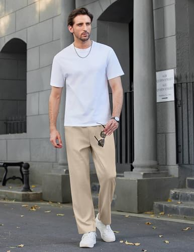 COOFANDY Mens Casual Elastic Waist Pants Drawstring Summer Beach Pant Lightweight Stretch Linen Trouser3