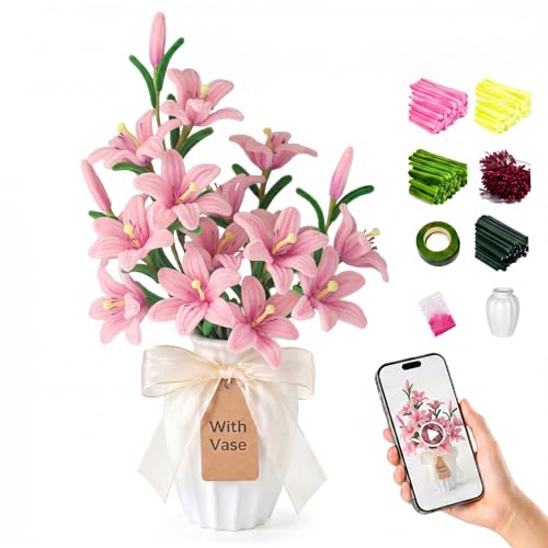 Pipe Cleaner Flower Kit with Vase - DIY Pink Lily Pipe Cleaners Craft Supplies. Flower Bouquet Making Kit with Chenille Stems, Floral Wires, Tape for Gifts, Home Decor, Beginner & Adult Art Projects