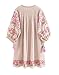 R.Vivimos Women's Autumn 3/4 Sleeve Cotton Linen Floral Embroidery Casual Tunic Dresses (Small, Beige)