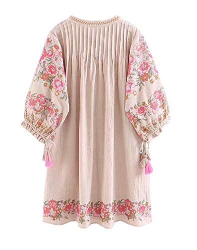 R.Vivimos Women's Autumn 3/4 Sleeve Co   tton Linen Floral Embroidery Casual Tunic Dresses (XL, Beige)