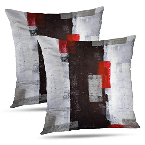 Red and Grey Abstract Art Pillow Cover, Modern Black White Wall Decorative Throw Pillows Cushion Cover for Bedroom Sofa Living Room 18 x 18 Inch Set of 2