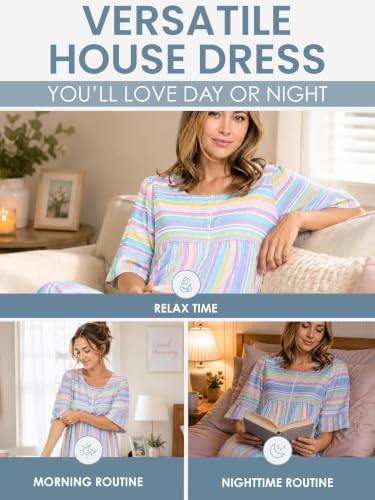Image of Casual Nights Women's Zip Front Woven House Dress | 3 /4 Sleeves Housecoat Long Duster Lounger