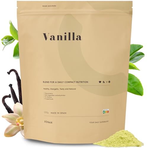 FONAN Batidos Sustitutivos de Comida y Desayuno Sanos para una Dieta Completa 1,2KG - Batidos Saciantes con Vitaminas, Minerales, Hidratos de Carbono, Proteina en Polvo, Espirulina y Baobab VAINILLA